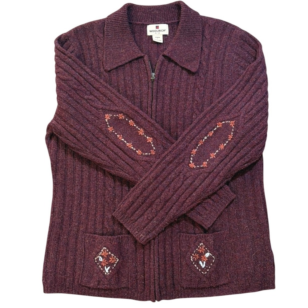 Vintage Woolrich Womens Floral Embroidered Zip Cardigan Wool Red L Cottagecore